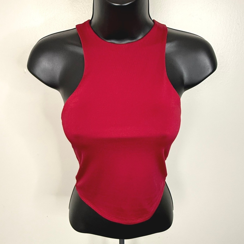 Social Revival Tank Top Womens Small Red Racerback High Neck Curved Hem Crop
